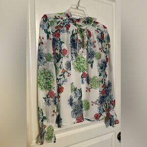 LOFT White and Red Tie Front Long Sleeve Blouse